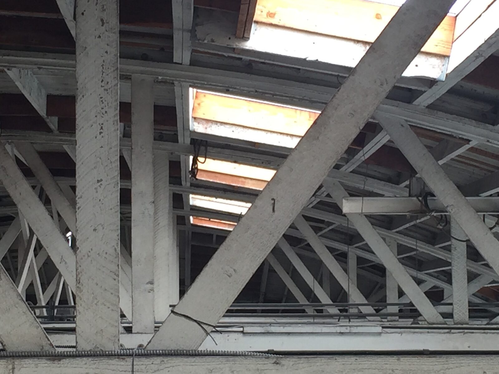 Exposed roof trusses during Mother build-out